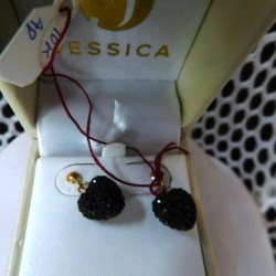 10K GOLD HALF INCH SOLID BLACK CRYSTAL HEARTS PIERCED EARRINGS